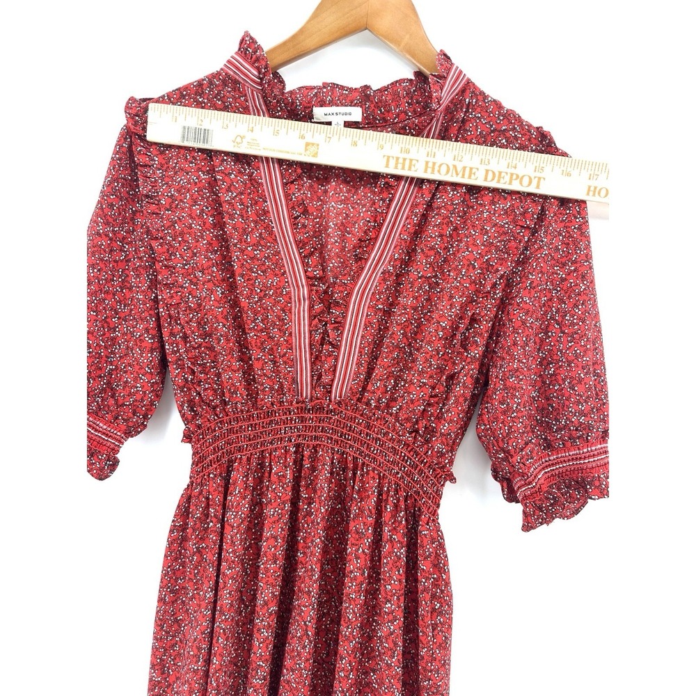Max Studio Red Floral Boho Maxi Dress L Smocked Waist Tiered Cottagecore WW11 - Picture 4 of 13